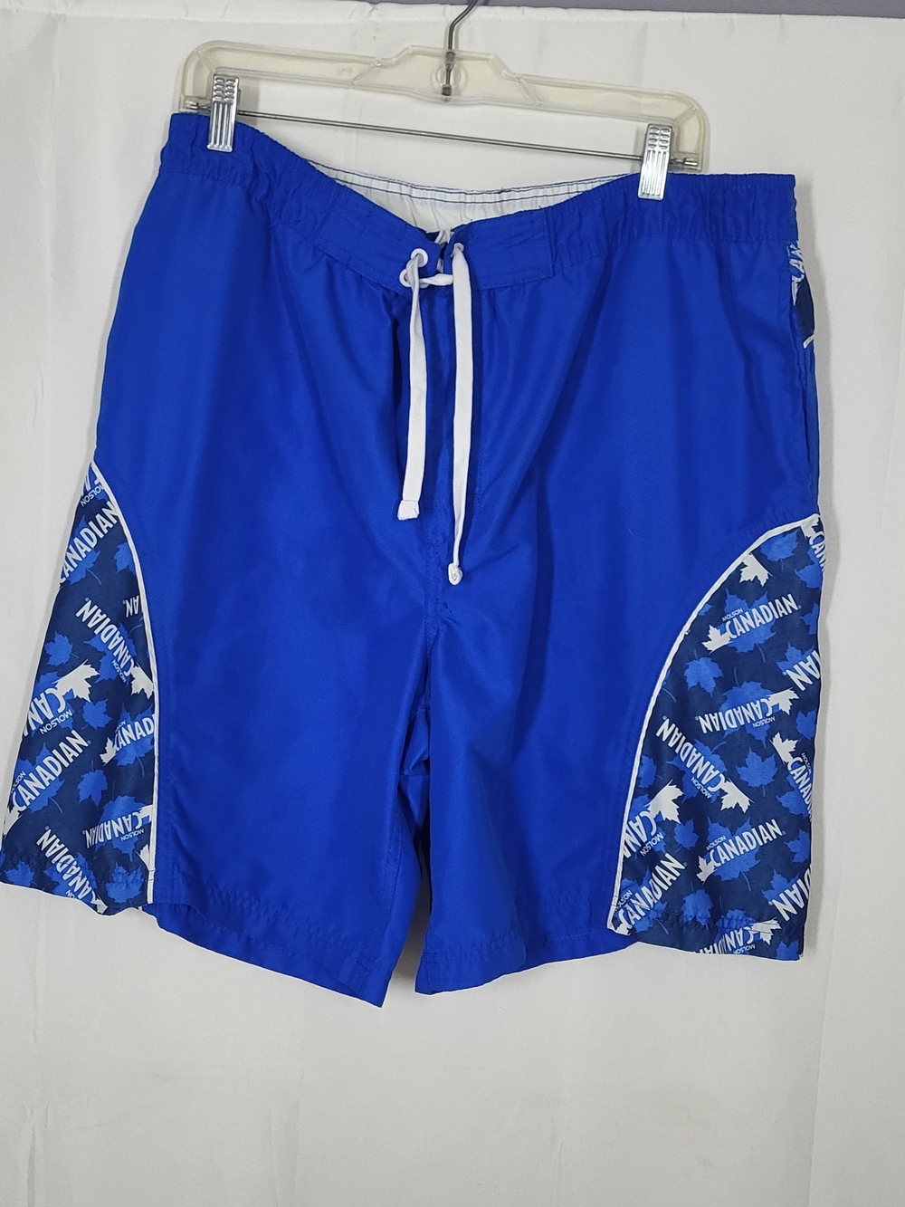 Men's Blue Swim Board Shorts with White Drawstring and Side Graphic Panels